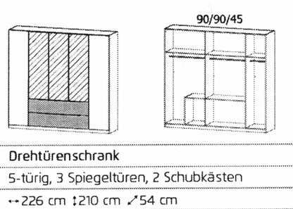 Drehtürenschrank Oakland 5-türig mit 3 Spiegeltüren und 2 Schubladen B/H/T 226 x 210 x 54 cm