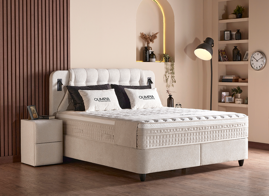 Boxspringbett Olimpia Creme Voll-orthopädisches Komfortbett mit Bettkasten, Stauraum, inkl. Beleuchtung im Kopfteil, inkl. kostenlose Lieferung und Montage
