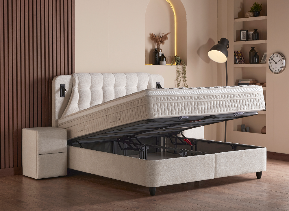 Boxspringbett Olimpia Creme Voll-orthopädisches Komfortbett mit Bettkasten, Stauraum, inkl. Beleuchtung im Kopfteil, inkl. kostenlose Lieferung und Montage