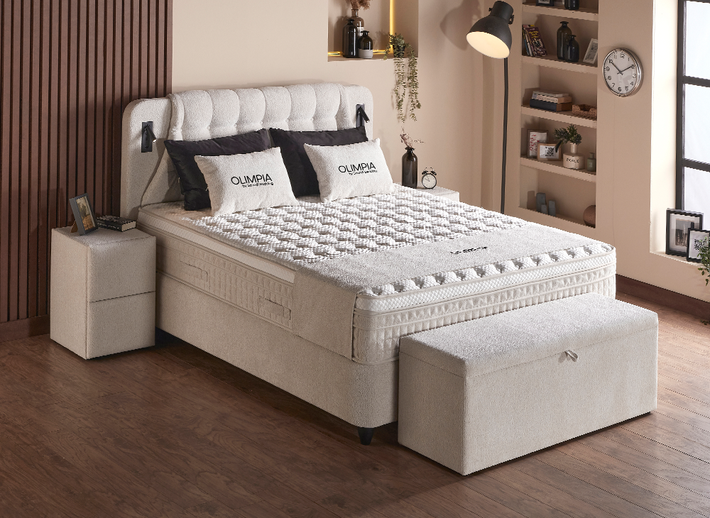 Boxspringbett Olimpia Creme Voll-orthopädisches Komfortbett mit Bettkasten, Stauraum, inkl. Beleuchtung im Kopfteil, inkl. kostenlose Lieferung und Montage