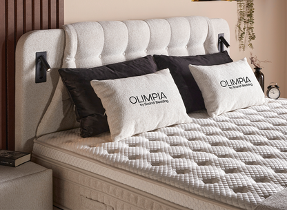 Boxspringbett Olimpia Creme Voll-orthopädisches Komfortbett mit Bettkasten, Stauraum, inkl. Beleuchtung im Kopfteil, inkl. kostenlose Lieferung und Montage