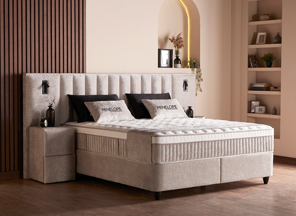 Boxspringbett Penelope Beige Voll-orthopädisches Komfortbett mit Bettkasten, Stauraum, inkl. Beleuchtung im Kopfteil, inklusive kostenlose Lieferung und Montage