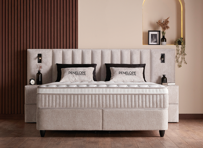 Boxspringbett Penelope Beige Voll-orthopädisches Komfortbett mit Bettkasten, Stauraum, inkl. Beleuchtung im Kopfteil, inklusive kostenlose Lieferung und Montage