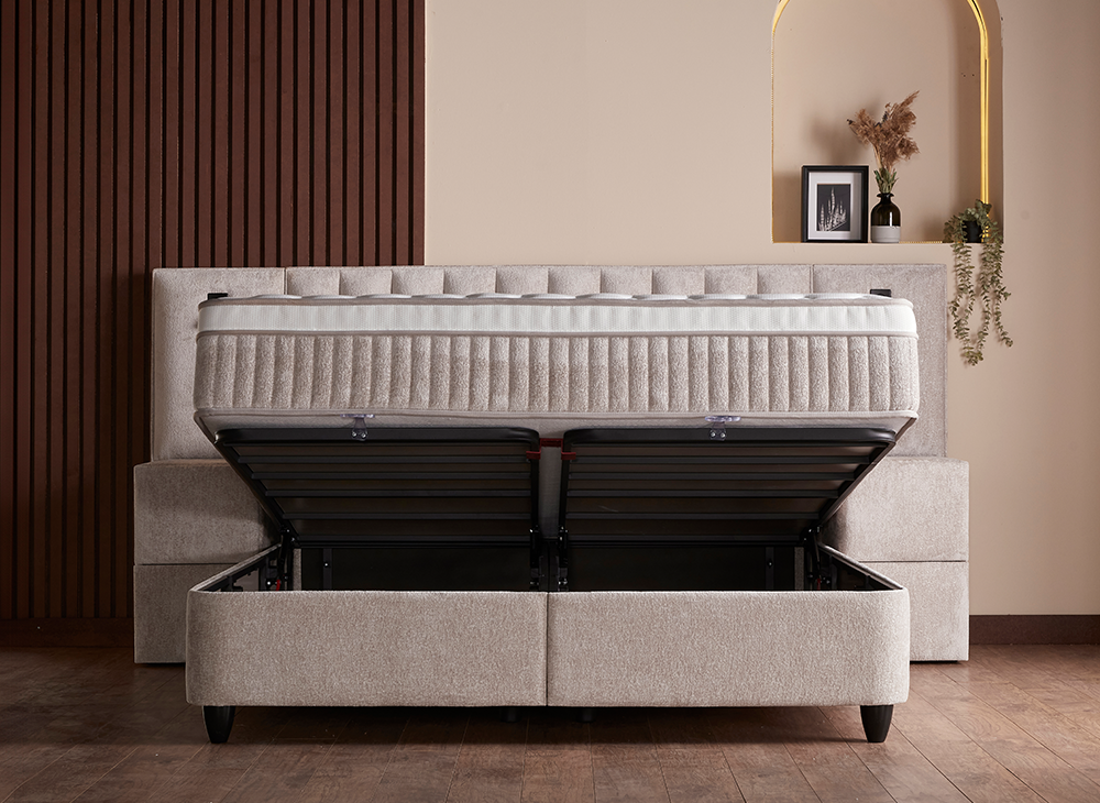 Boxspringbett Penelope Beige Voll-orthopädisches Komfortbett mit Bettkasten, Stauraum, inkl. Beleuchtung im Kopfteil, inklusive kostenlose Lieferung und Montage