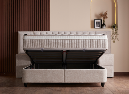 Boxspringbett Penelope Beige Voll-orthopädisches Komfortbett mit Bettkasten, Stauraum, inkl. Beleuchtung im Kopfteil, inklusive kostenlose Lieferung und Montage