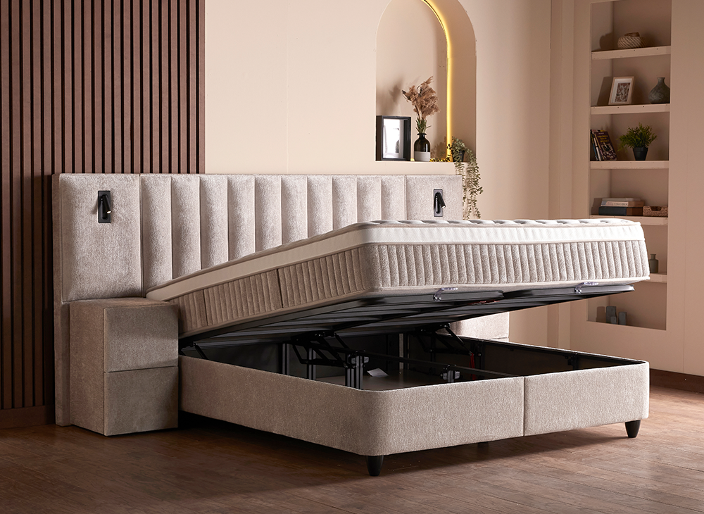 Boxspringbett Penelope Beige Voll-orthopädisches Komfortbett mit Bettkasten, Stauraum, inkl. Beleuchtung im Kopfteil, inklusive kostenlose Lieferung und Montage