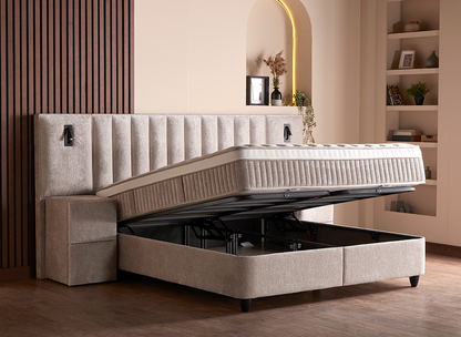 Boxspringbett Penelope Beige Voll-orthopädisches Komfortbett mit Bettkasten, Stauraum, inkl. Beleuchtung im Kopfteil, inklusive kostenlose Lieferung und Montage