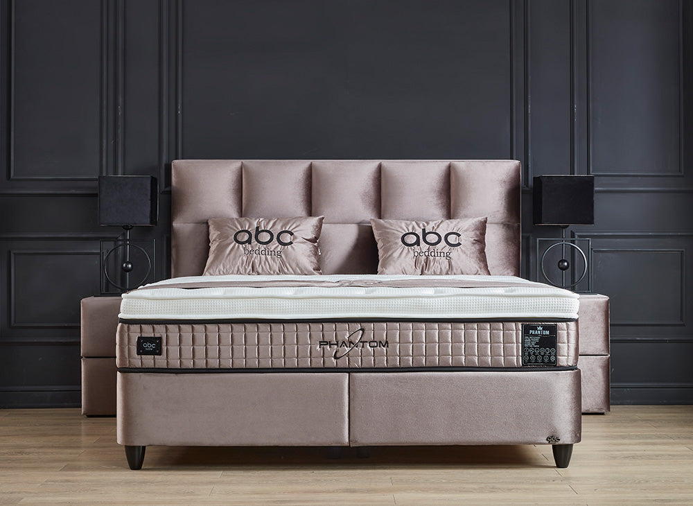 Boxspringbett Phantom Beige Voll-orthopädisches Komfortbett mit Bettkasten, Stauraum, inkl. kostenlose Lieferung und Montage