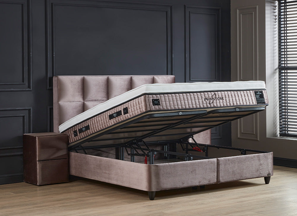Boxspringbett Phantom Beige Voll-orthopädisches Komfortbett mit Bettkasten, Stauraum, inkl. kostenlose Lieferung und Montage