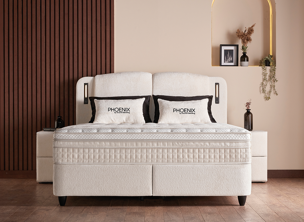 Boxspringbett Phoenix Creme Voll-orthopädisches Komfortbett mit Bettkasten, Stauraum, inkl. Beleuchtung im Kopfteil, inkl. kostenlose Lieferung und Montage