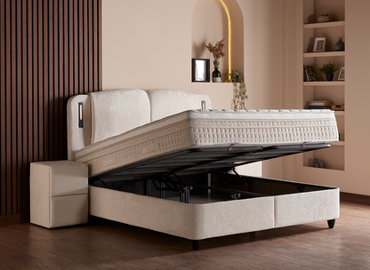 Boxspringbett Phoenix Creme Voll-orthopädisches Komfortbett mit Bettkasten, Stauraum, inkl. Beleuchtung im Kopfteil, inkl. kostenlose Lieferung und Montage