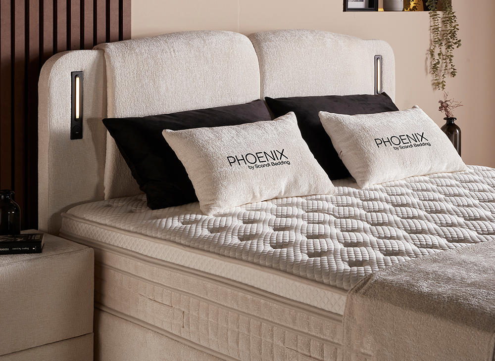Boxspringbett Phoenix Creme Voll-orthopädisches Komfortbett mit Bettkasten, Stauraum, inkl. Beleuchtung im Kopfteil, inkl. kostenlose Lieferung und Montage