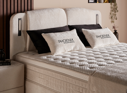 Boxspringbett Phoenix Creme Voll-orthopädisches Komfortbett mit Bettkasten, Stauraum, inkl. Beleuchtung im Kopfteil, inkl. kostenlose Lieferung und Montage