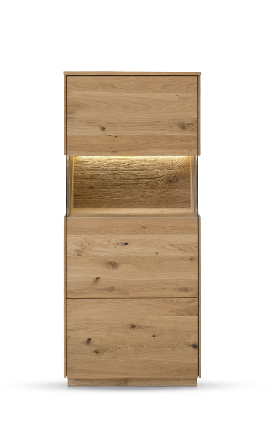 TPT Sankt Gallen Higboard 1-türig mit Glas, Wildeiche massiv inkl. Beleuchtung B/H/T 64 x 145 x 44 cm