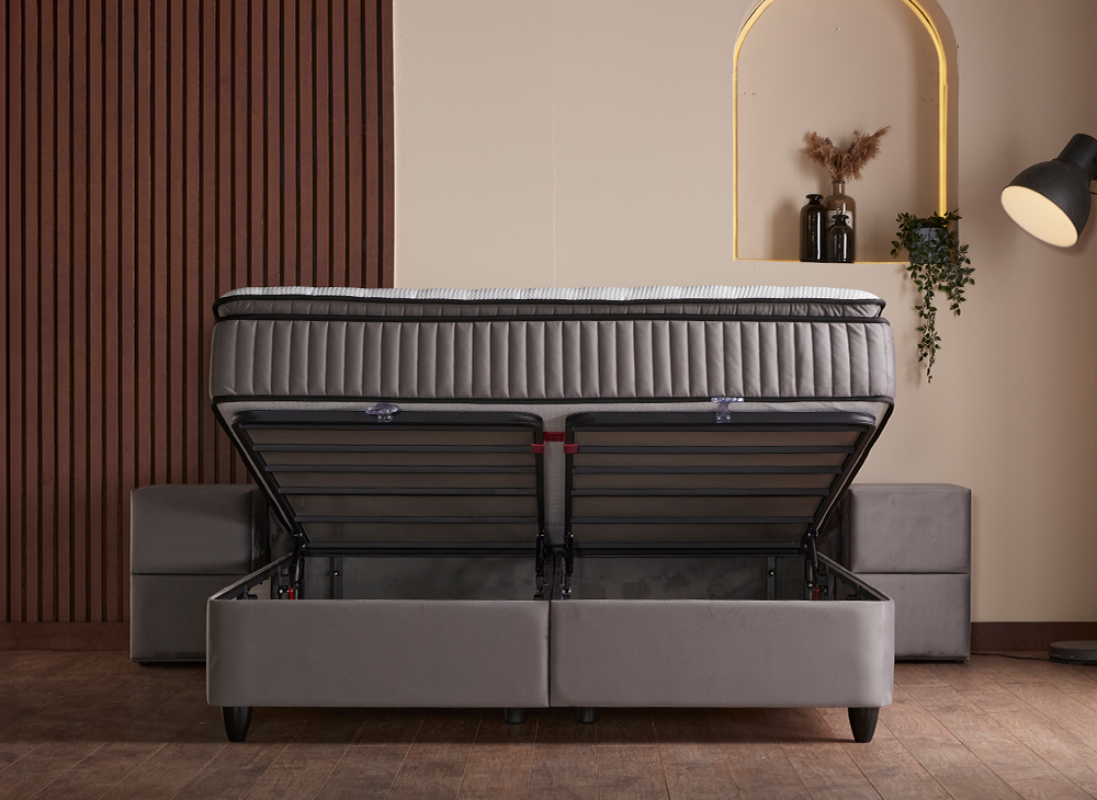 Boxspringbett Sydney Beige oder Grau Voll-orthopädisches Komfortbett mit Bettkasten, Stauraum, inkl. kostenlose Lieferung und Montage