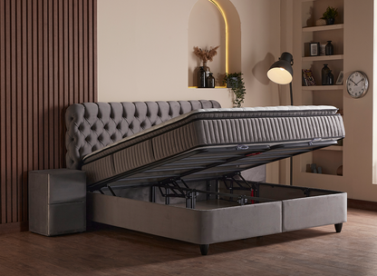 Boxspringbett Sydney Beige oder Grau Voll-orthopädisches Komfortbett mit Bettkasten, Stauraum, inkl. kostenlose Lieferung und Montage