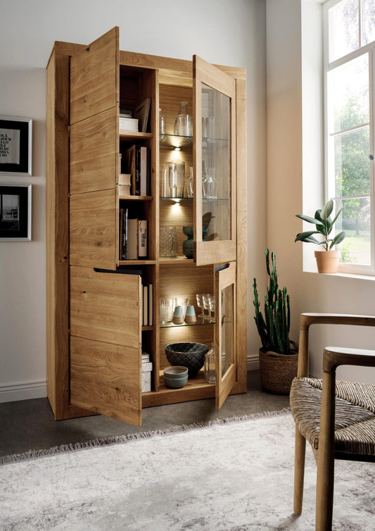 Infantil Basel Vitrinenschrank Wildeiche massiv 4-türig (2 Glastüren) Breite 110 cm x H 191 cm