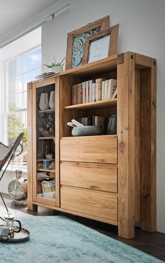 TPT Highboard Woodstock mit Glastür und 3 Schubladen Eiche massiv geölt, ca. B/H/T 120 x 155 x 45 cm