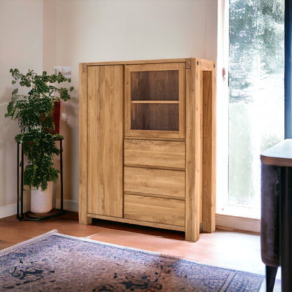 TPT Highboard Woodstock mit Holztür und 3 Schubladen Eiche massiv geölt, ca. B/H/T 120 x 155 x 45 cm
