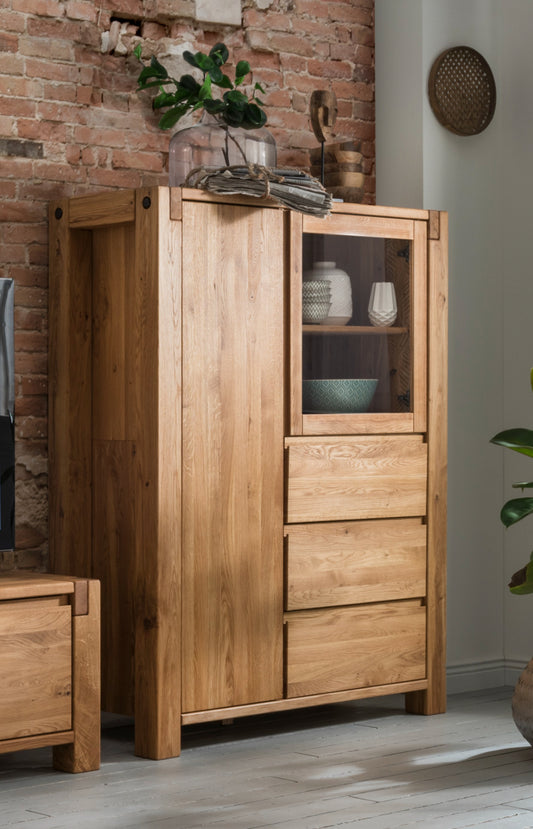 TPT Highboard Woodstock mit Holztür und 3 Schubladen Eiche massiv geölt, ca. B/H/T 120 x 155 x 45 cm