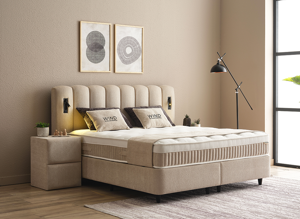 Boxspringbett Wind Cremebeige Voll-orthopädisches Komfortbett mit Bettkasten, Stauraum, inkl. Beleuchtung im Kopfteil, inklusive kostenlose Lieferung und Montage