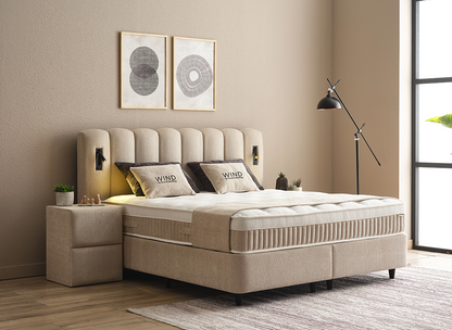 Boxspringbett Wind Cremebeige Voll-orthopädisches Komfortbett mit Bettkasten, Stauraum, inkl. Beleuchtung im Kopfteil, inklusive kostenlose Lieferung und Montage