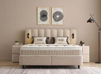 Boxspringbett Wind Cremebeige Voll-orthopädisches Komfortbett mit Bettkasten, Stauraum, inkl. Beleuchtung im Kopfteil, inklusive kostenlose Lieferung und Montage
