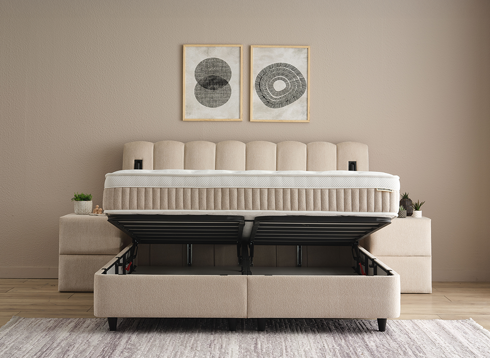 Boxspringbett Wind Cremebeige Voll-orthopädisches Komfortbett mit Bettkasten, Stauraum, inkl. Beleuchtung im Kopfteil, inklusive kostenlose Lieferung und Montage