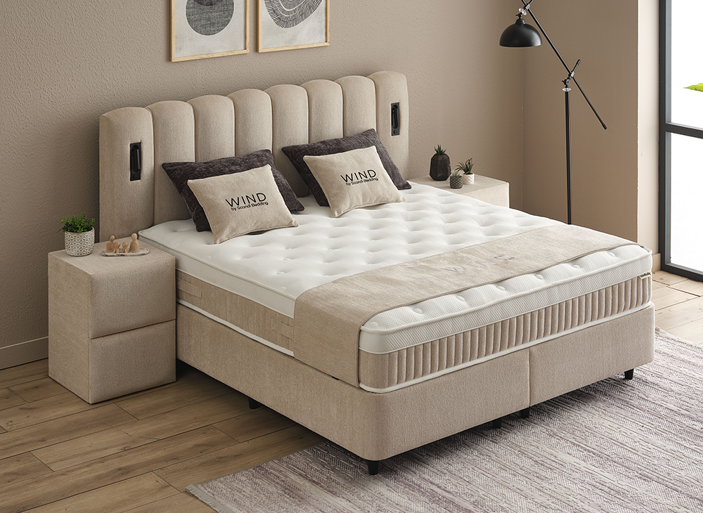 Boxspringbett Wind Cremebeige Voll-orthopädisches Komfortbett mit Bettkasten, Stauraum, inkl. Beleuchtung im Kopfteil, inklusive kostenlose Lieferung und Montage