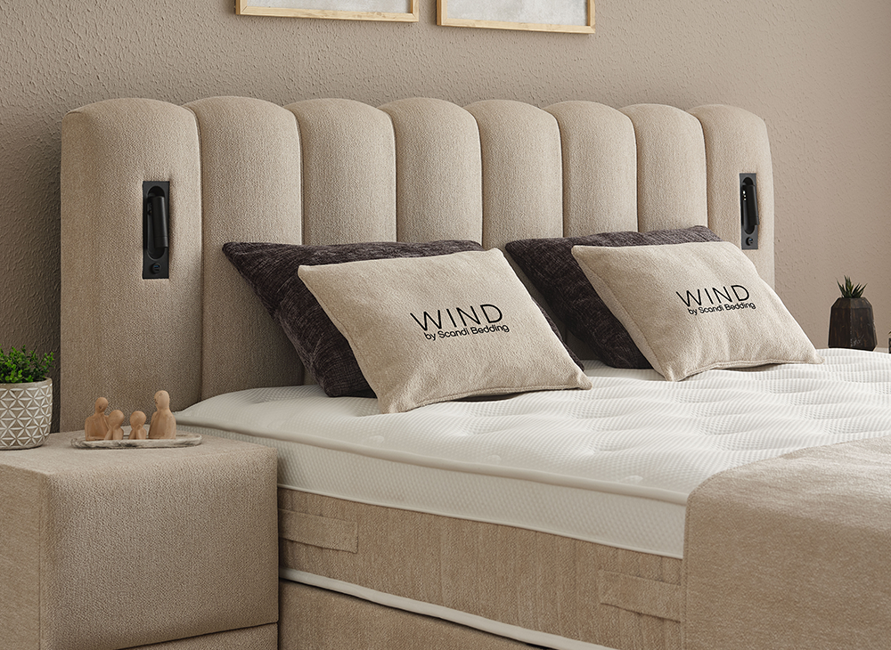 Boxspringbett Wind Cremebeige Voll-orthopädisches Komfortbett mit Bettkasten, Stauraum, inkl. Beleuchtung im Kopfteil, inklusive kostenlose Lieferung und Montage